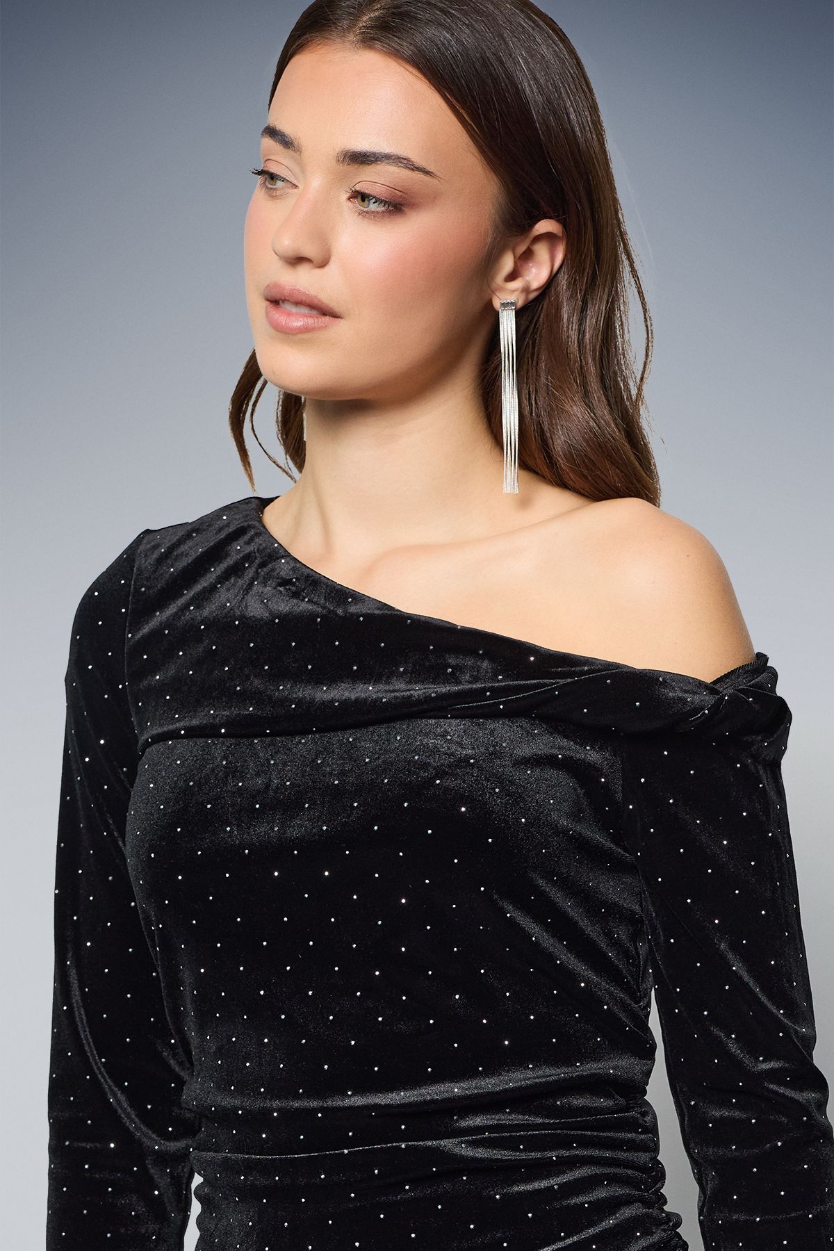 Dorothy Perkins Diamante Velvet Bardot Long Sleeve Top Black image 4