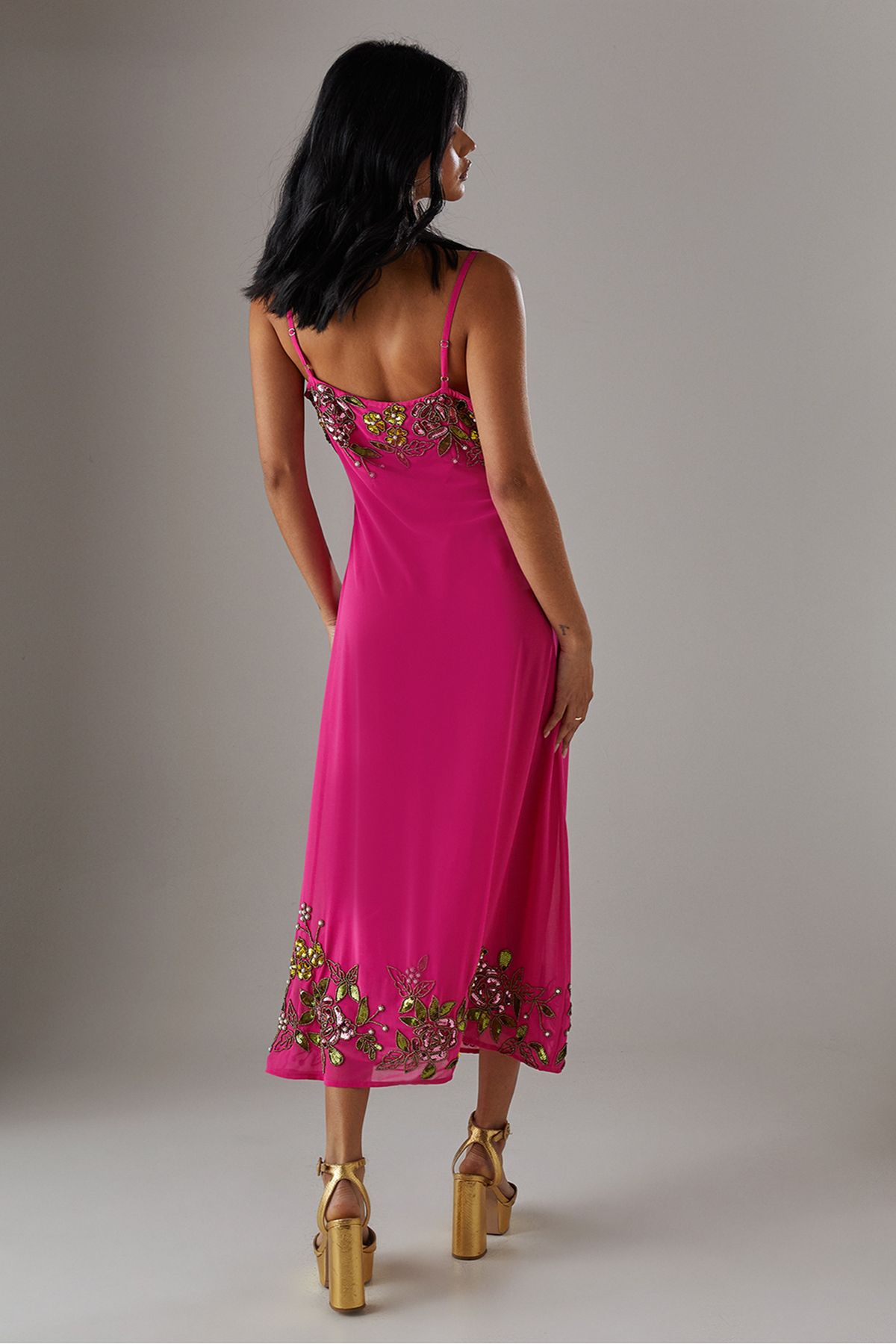 Warehouse Hand Embellished Strappy Bias Sequin Midi Dress Hot Pink image 3