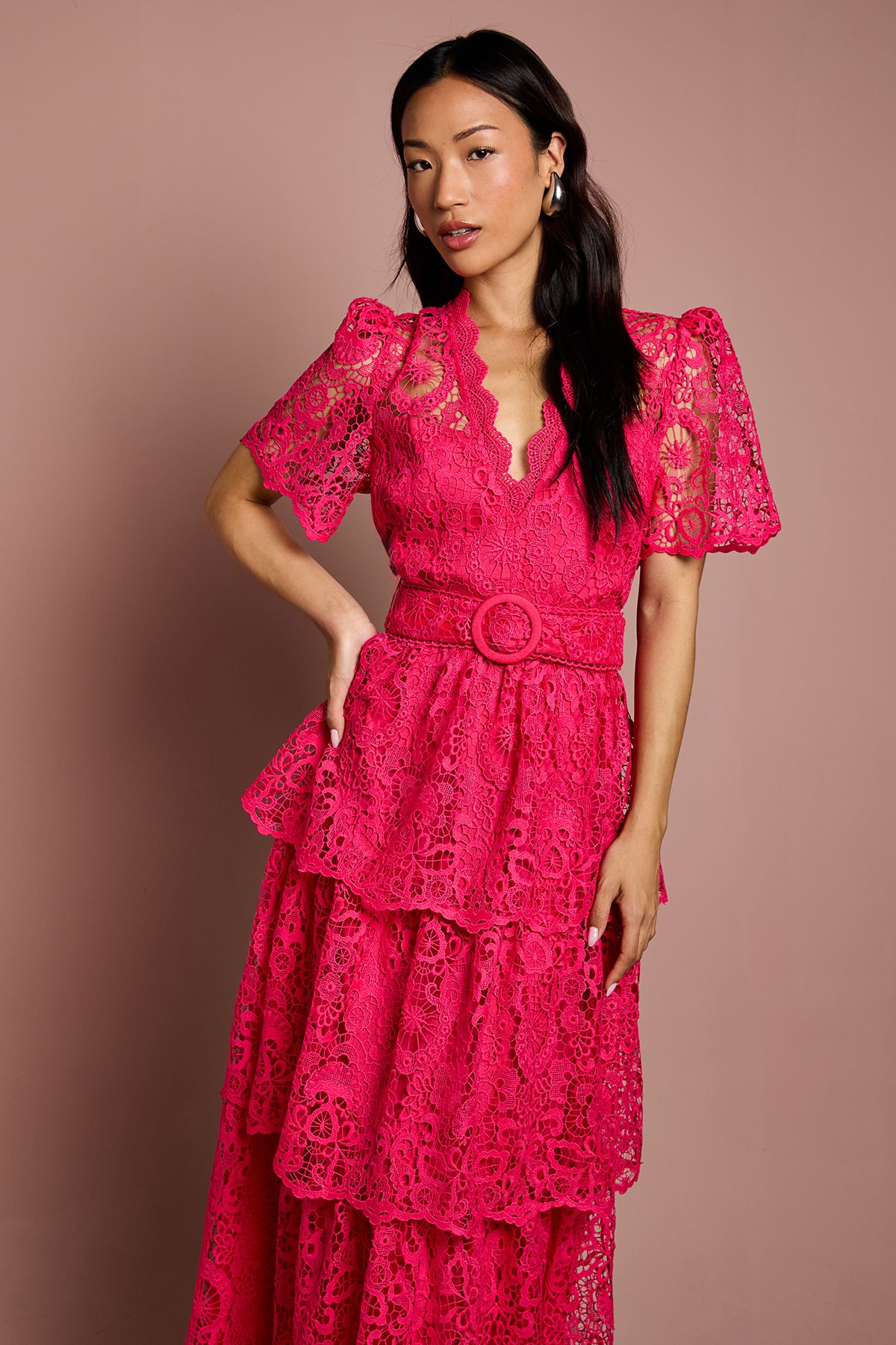 Coast Short Sleeve V Neck Tiered Lace Midi Dress Raspberry image 4