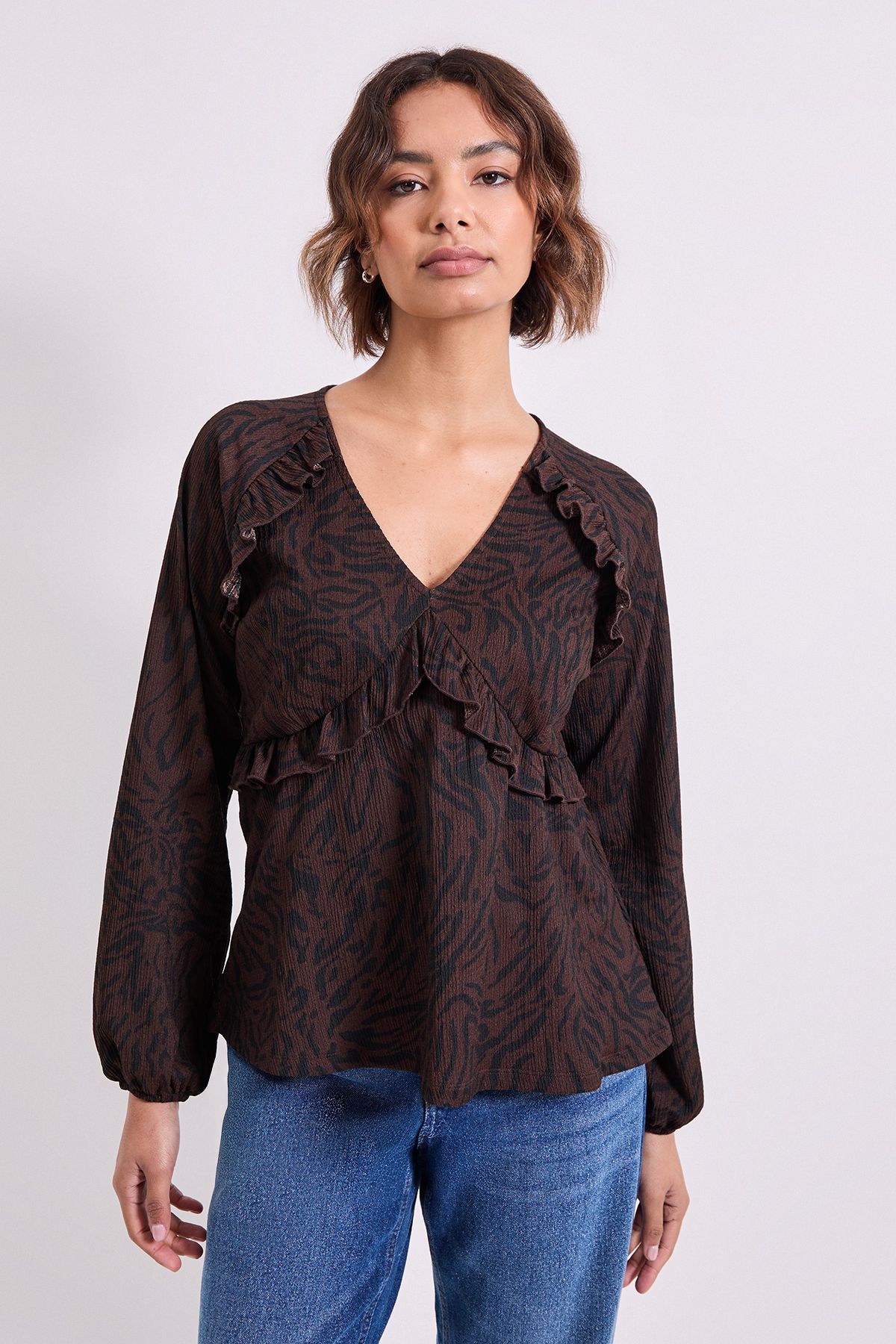 Dorothy Perkins Brown Animal Empire Seam Frill Detail Printed Jersey Top Brown image 1