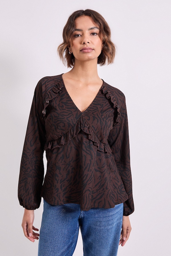 Dorothy Perkins Brown Animal Empire Seam Frill Detail Printed Jersey Top Brown
