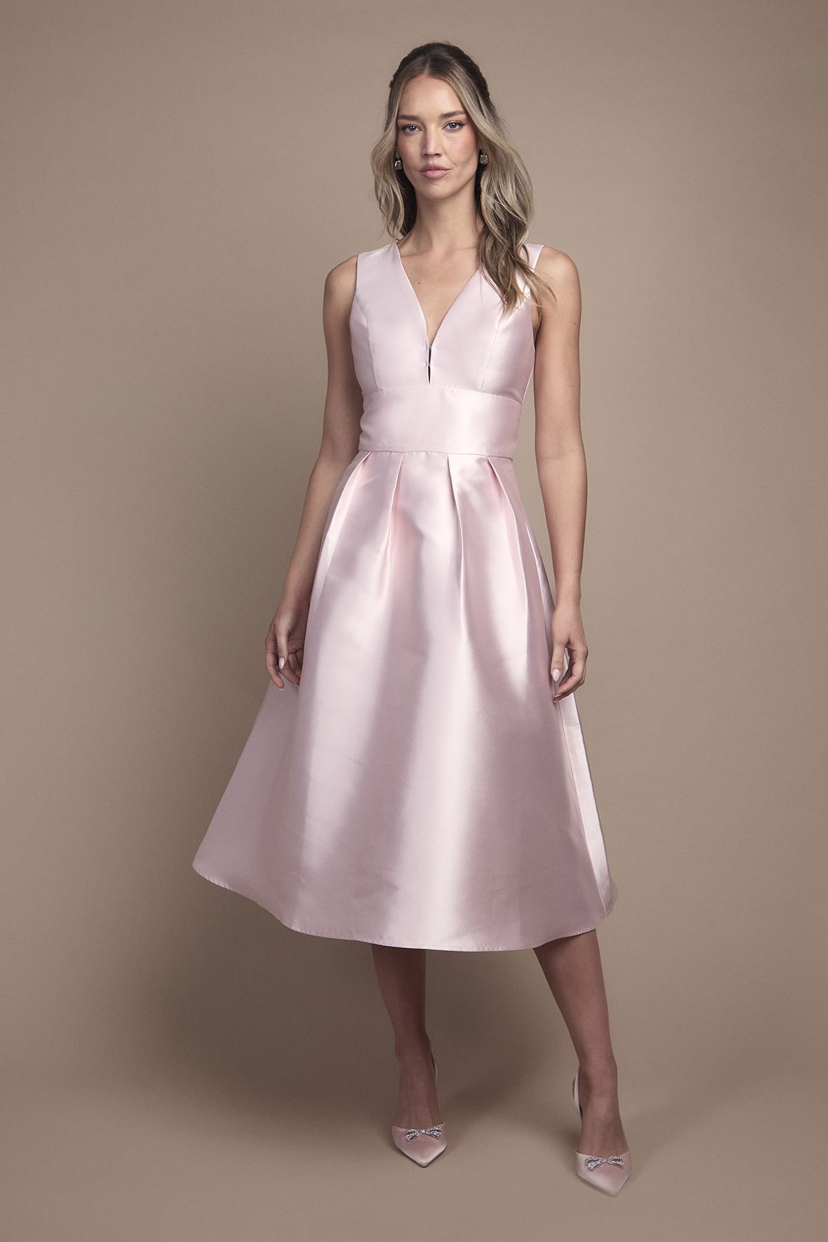 Coast Plunge Neck Structured Twill Midi Bridesmaid Dress Blush