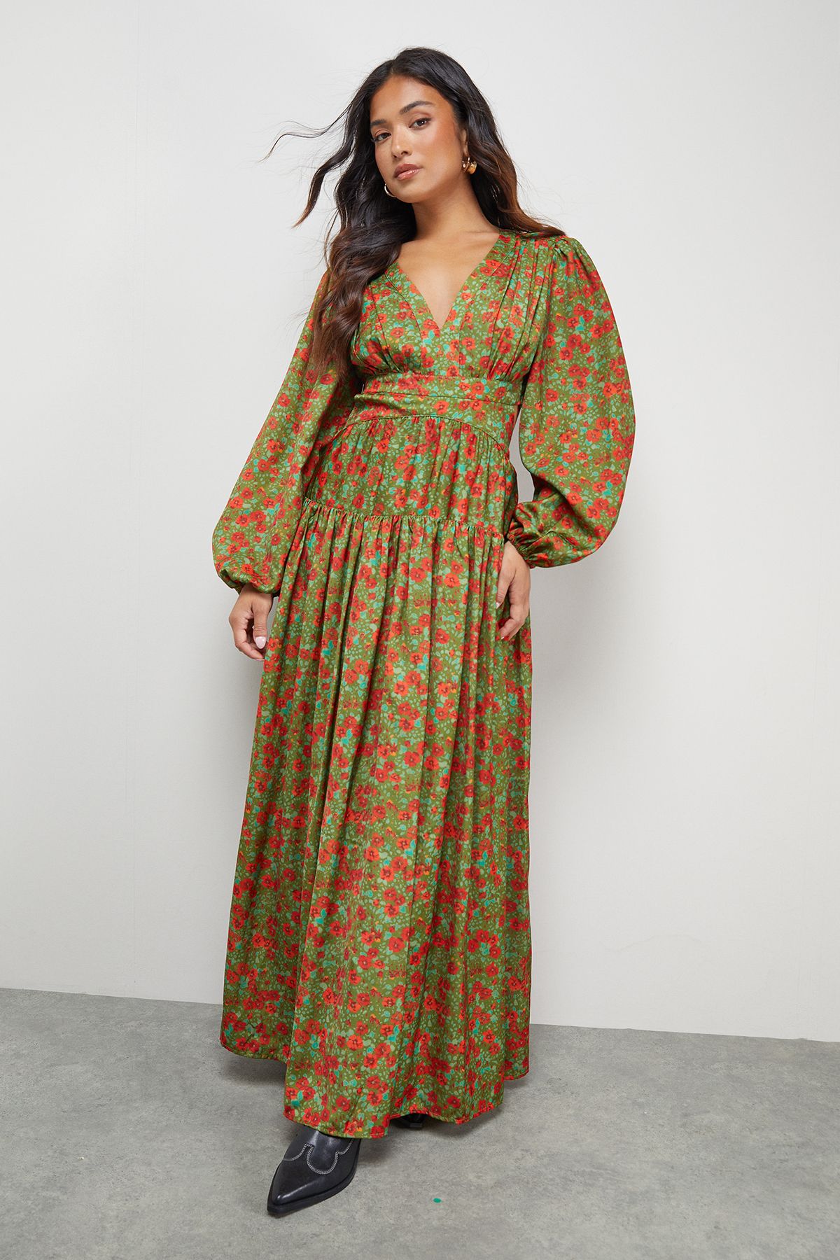 Warehouse Petite Premium Satin Open Back Maxi Dress Olive image 1