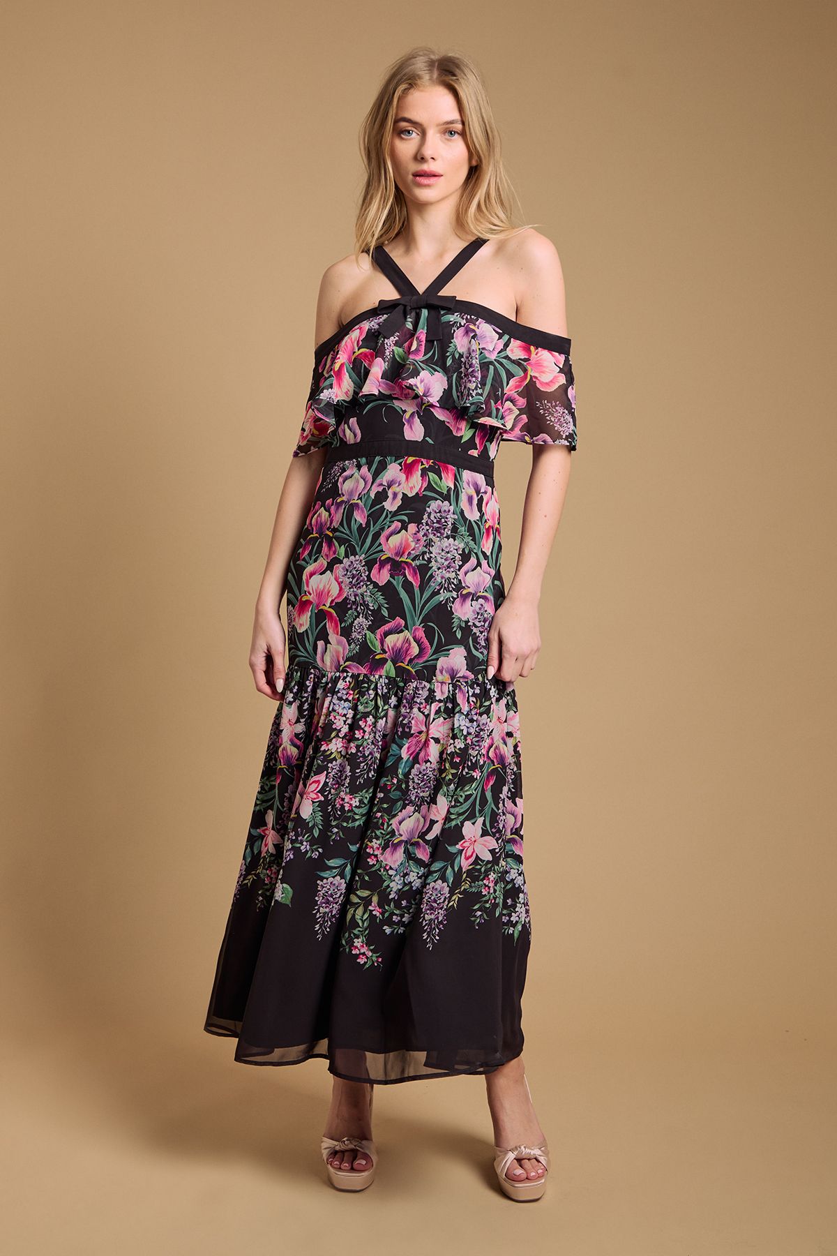 Oasis Bow Detail Halter Neck Bardot Dress Black