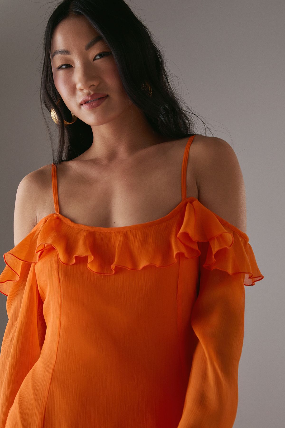 Warehouse Petite Chiffon Ruffle Cold Shoulder Midi Dress Orange image 2