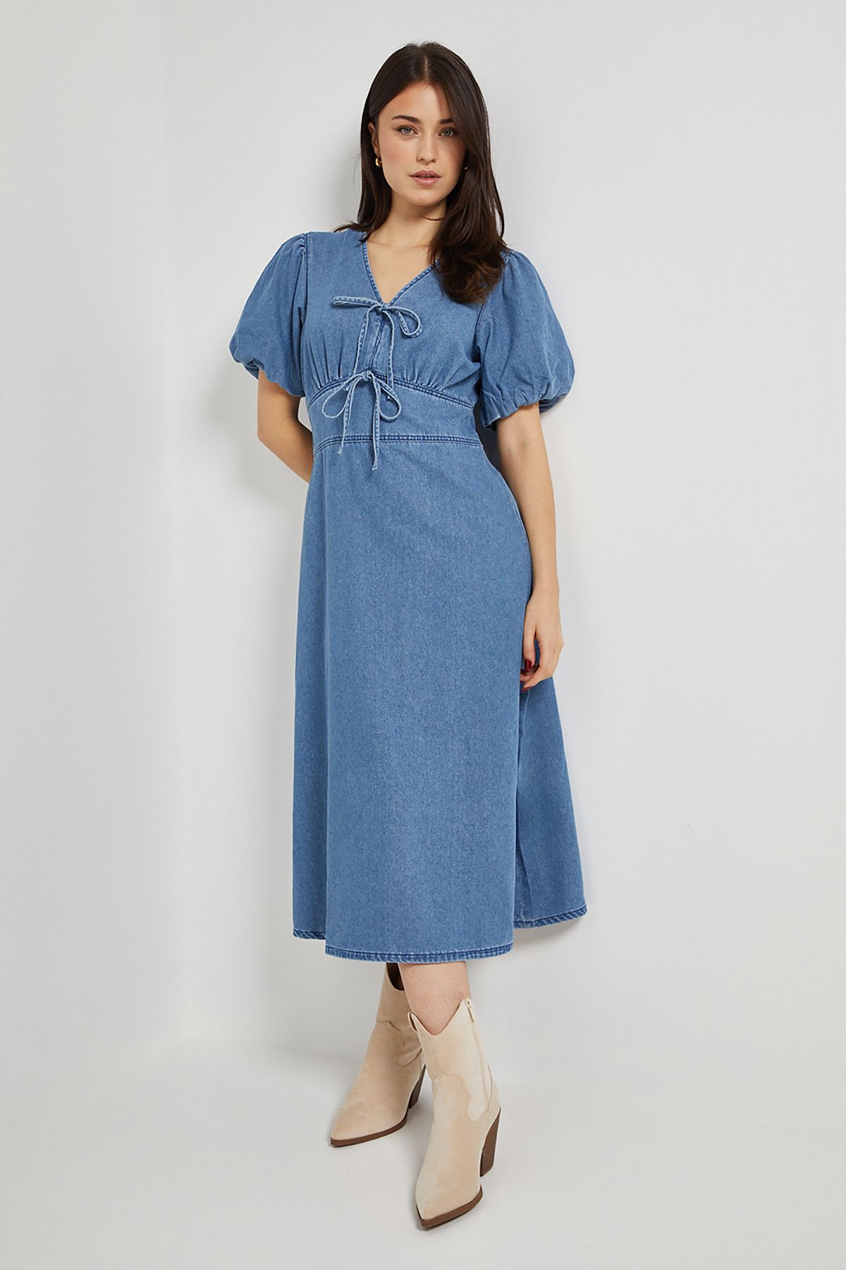 Dorothy Perkins Bubble Sleeve Tie Front Midi Dress Mid Wash