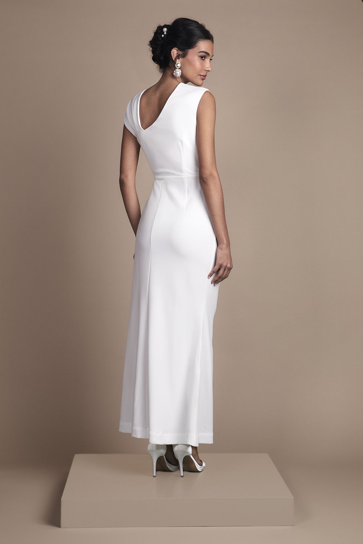 Coast Asymetric Neckline with Bow Detail Crepe Midi Wedding Dress Ivory image 3
