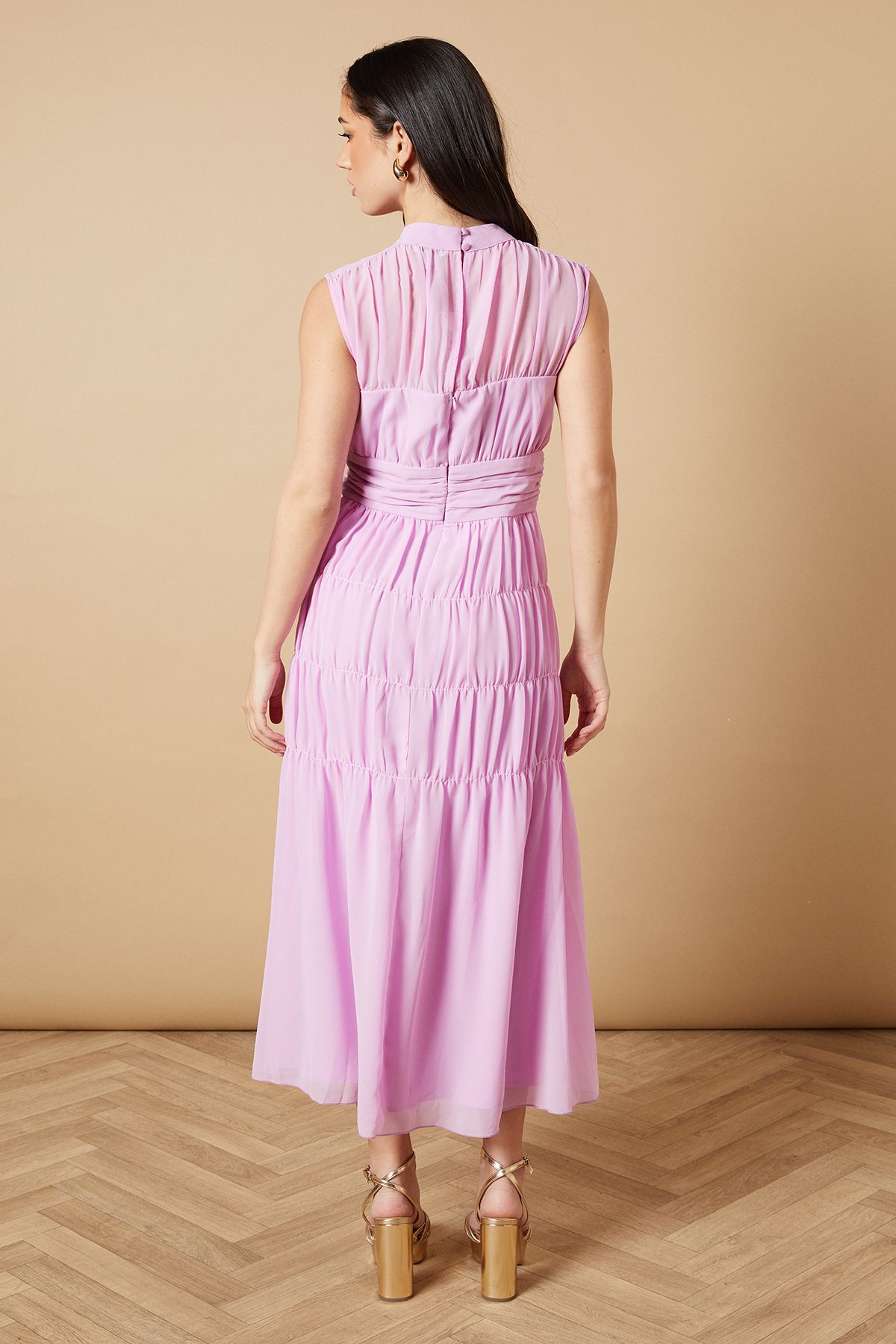Oasis High Neck Occasion Ruched Chiffon Midi Dress Peach image 3
