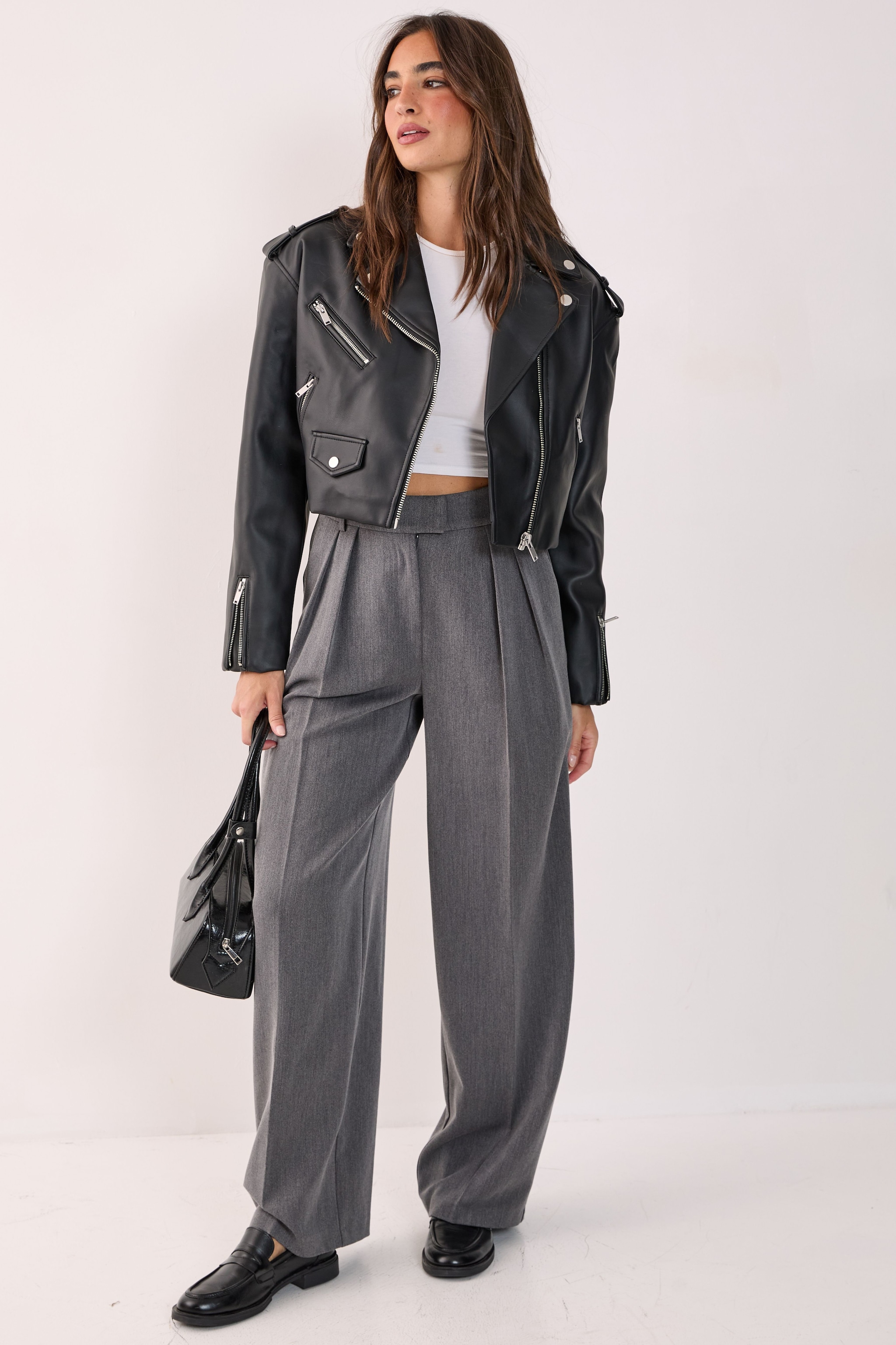 NastyGal Essentials Cropped Faux Leather Boxy Biker Black image 2