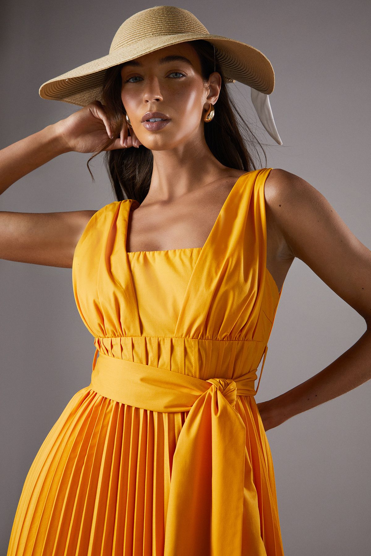 Coast Lisa Tan Polo Pleated Cotton Belted Midi Dress Yellow image 4