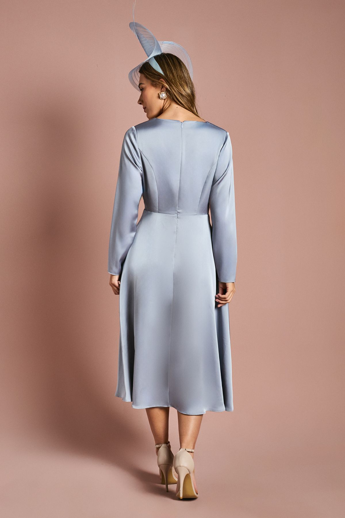 Coast Long Sleeve Waterfall Satin Midi Dress Light Blue image 3