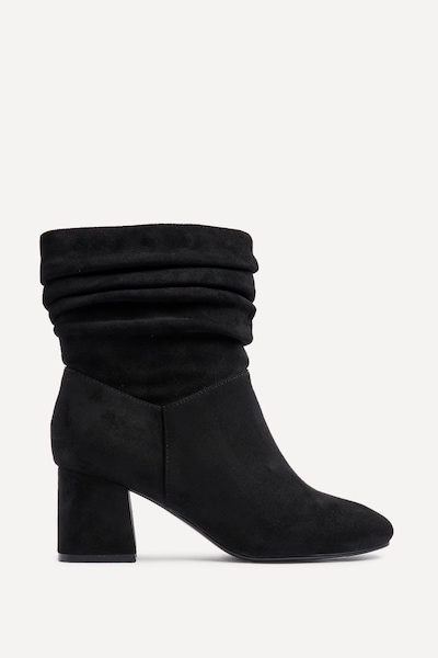 Linzi Zayda Wide Fit Black Faux Suede Ruched Heeled Ankle Boot