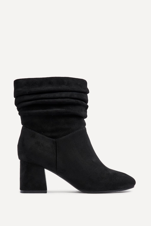 Linzi Zayda Wide Fit Black Faux Suede Ruched Heeled Ankle Boot
