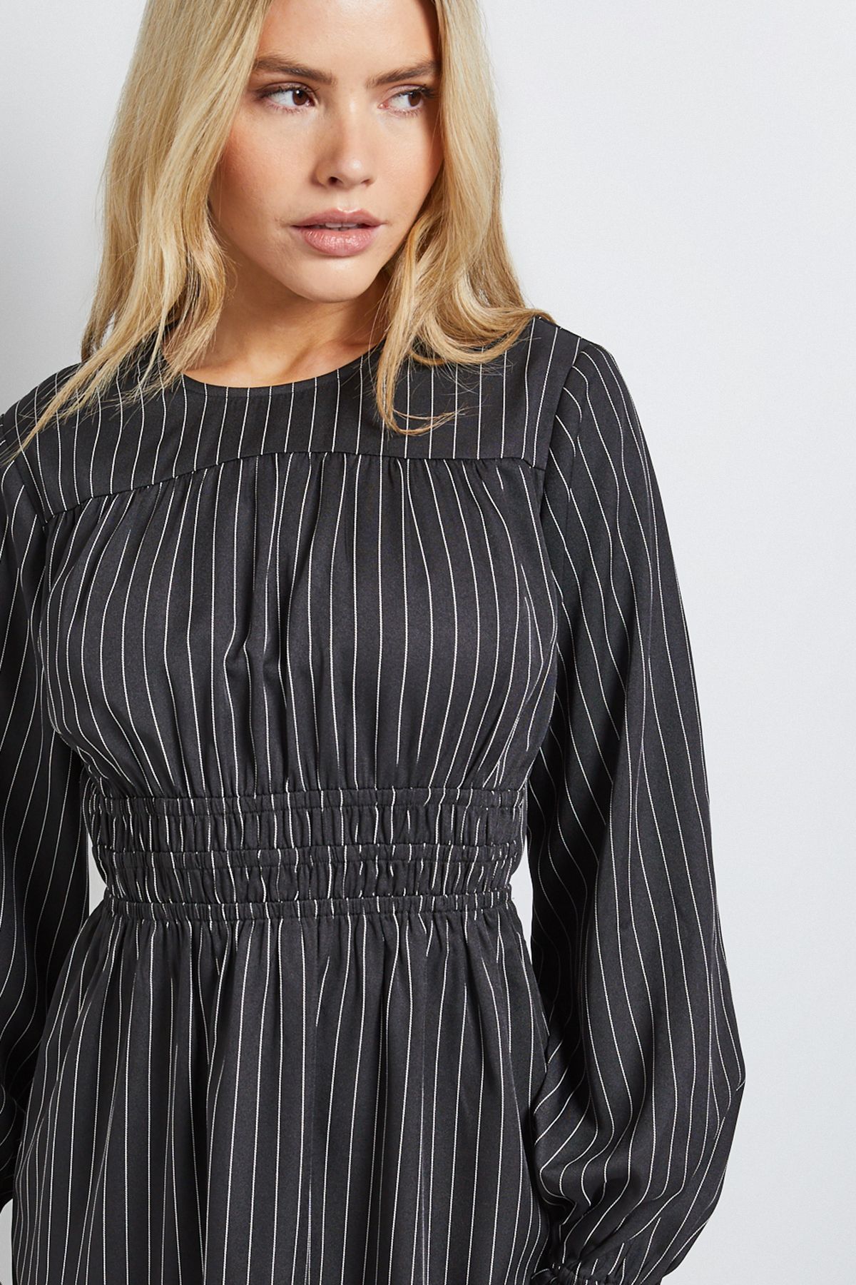 Dorothy Perkins Shirred Bodice Tiered Stripe Midi Dress Black image 2