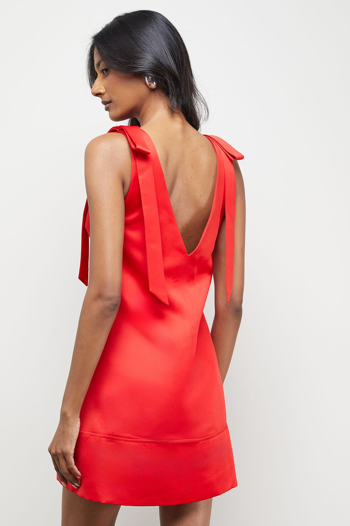 Warehouse Structured Satin Tie Shoulder Mini Dress Red image 3