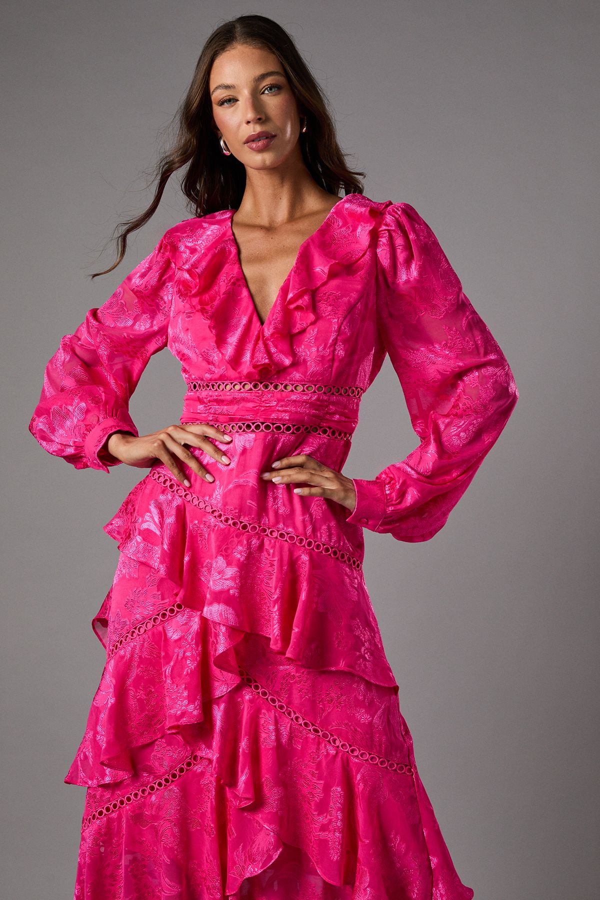 Coast Long Sleeve Jacquard Midaxi Dress With Frills Pink image 2