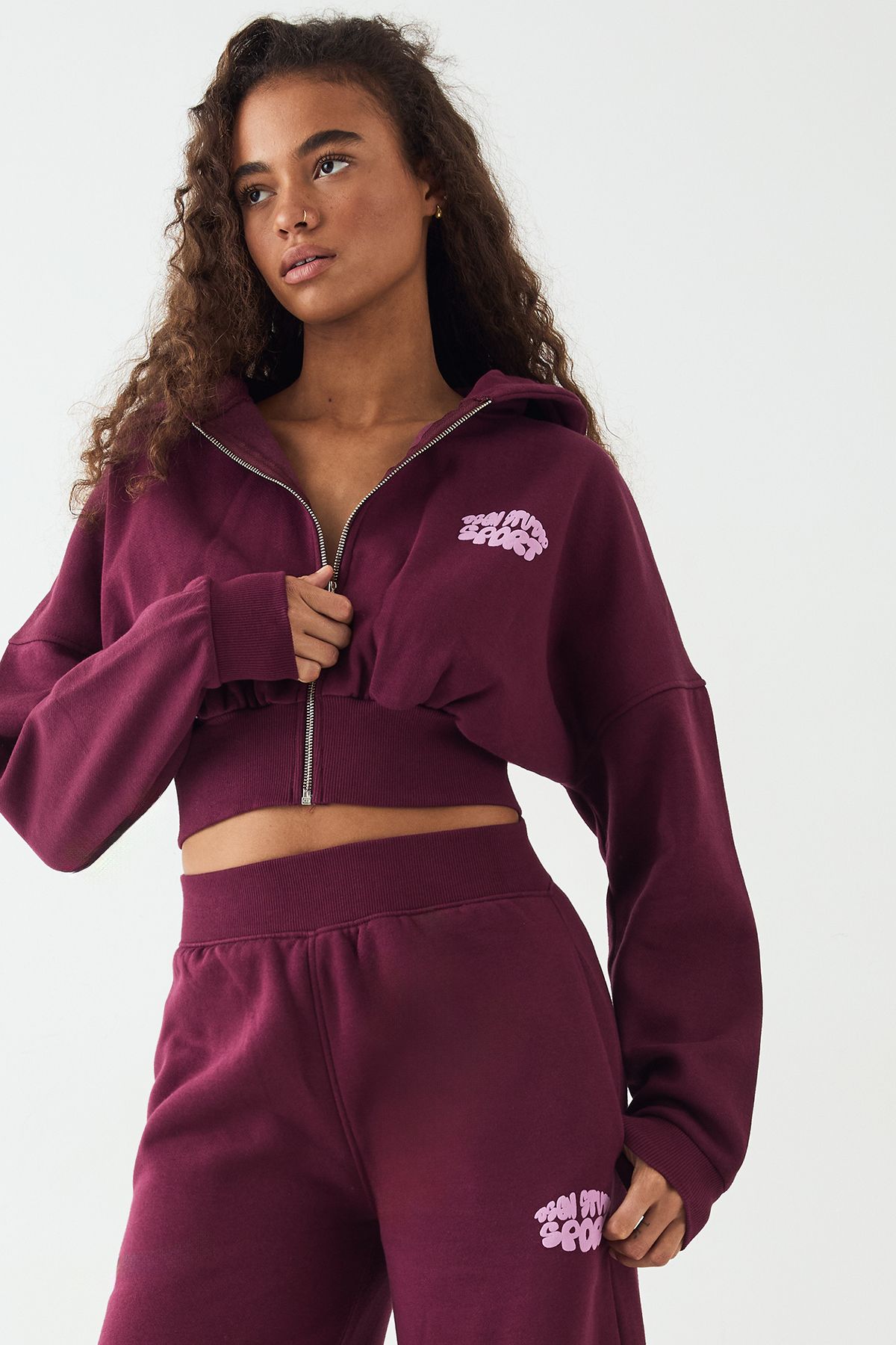 DSGN Studio DSGN Studio Sport Bubble Print Boxy Crop Zip Through Hoodie Plum image 1
