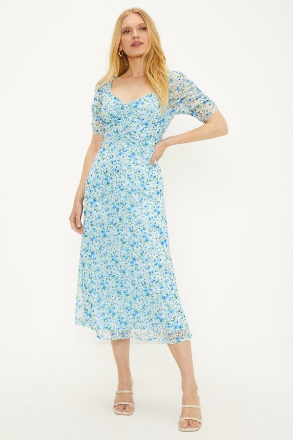 Oasis Ditsy Floral Printed Mesh Ruched Sleeve Midi Dress Floral