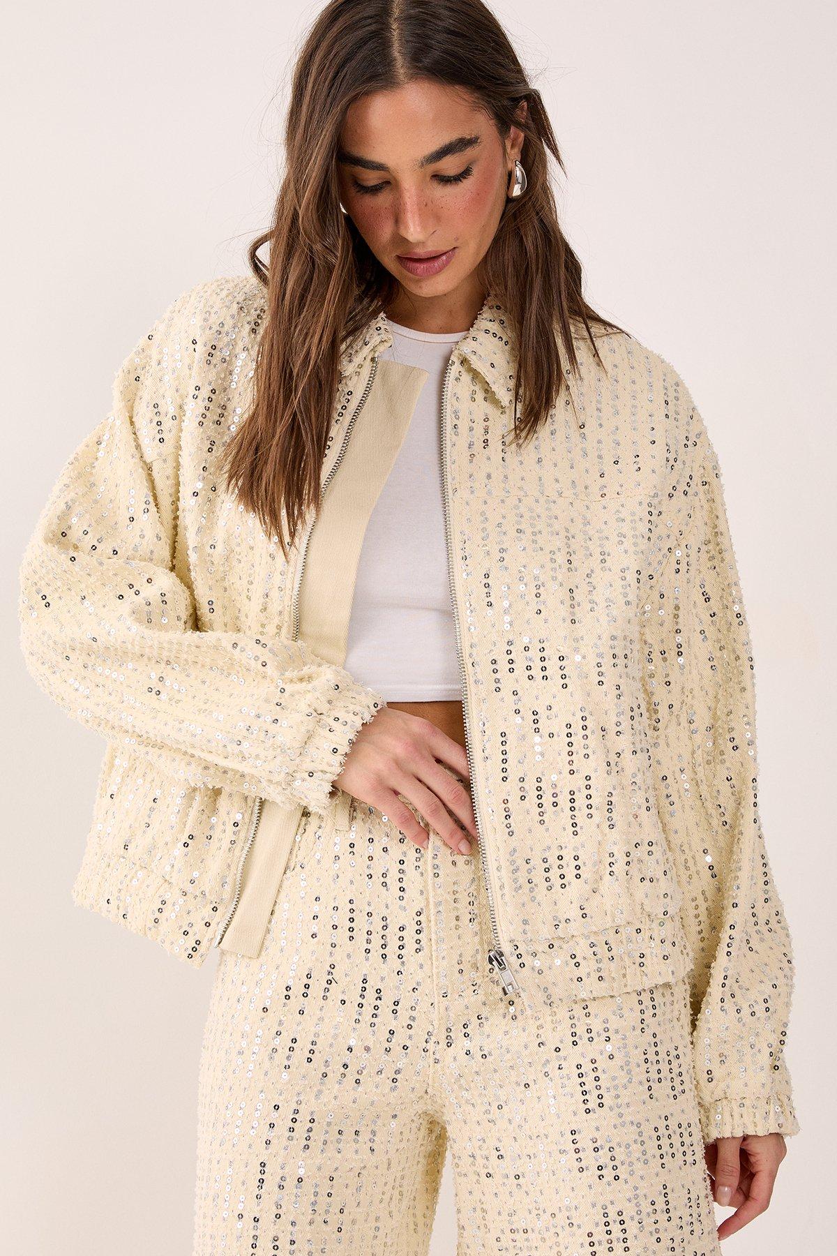 NastyGal (AZ) Denim Sequin Bomber Jacket Ecru image 4