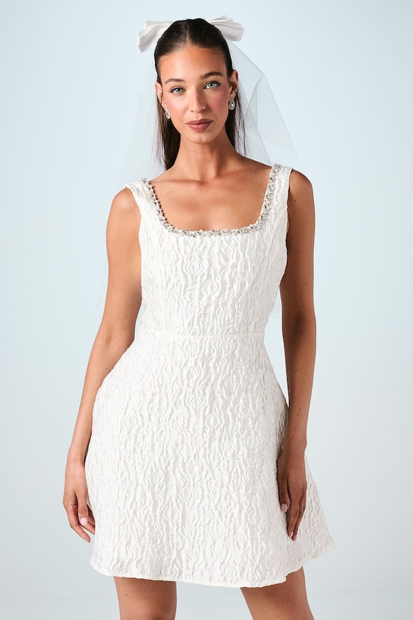 Coast Jacquard Full Skirted Mini Dress With Jewel Trim Ivory