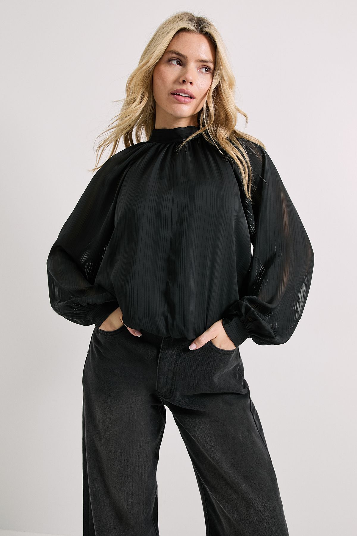 Dorothy Perkins Tie Neck Blouson Sleeve Satin Burnout Blouse Black