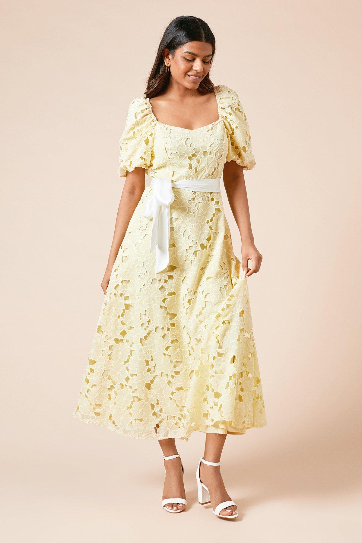 Dorothy Perkins Lemon Petite DP Luxe Cutwork Lace Contrast Belt Midi Dress  | PrettyLittleThing