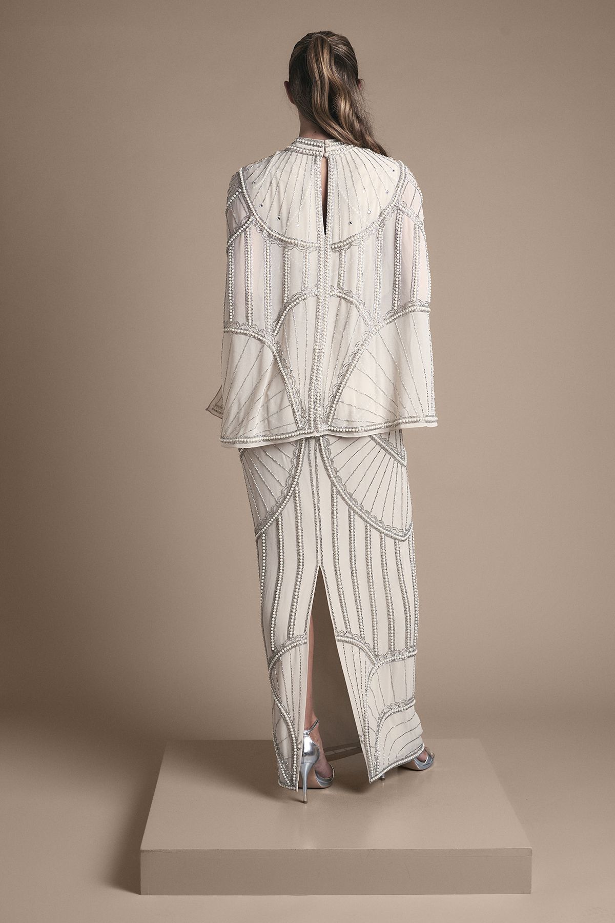 Coast Embellished Column Maxi Wedding Dress with Cape Detail Champagne image 4