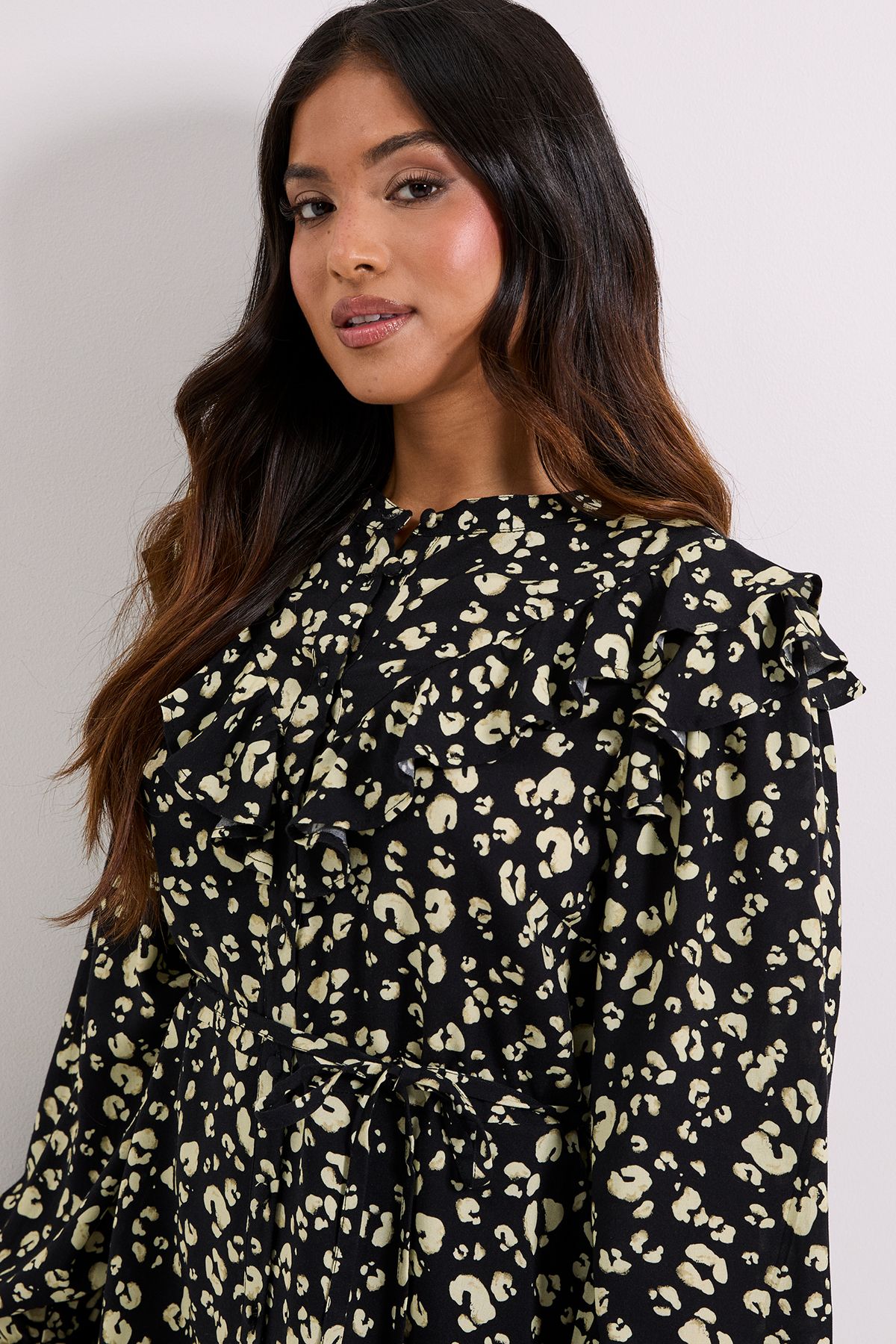 Dorothy Perkins Petite Yellow Animal Frill Yoke Belted Mini Shirt Dress Yellow image 4