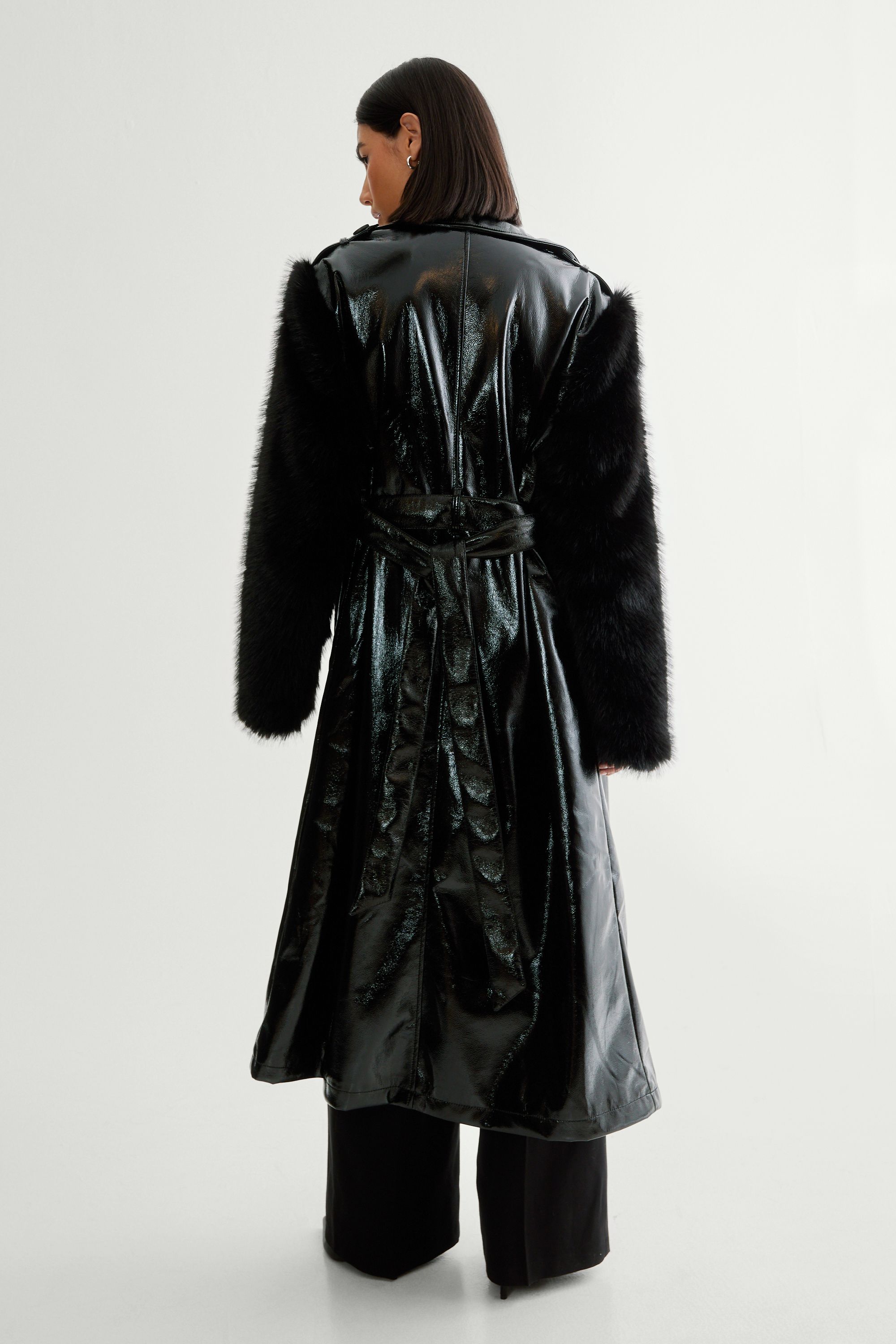 NastyGal Premium Vinyl Fur Trim Coat True Black image 4