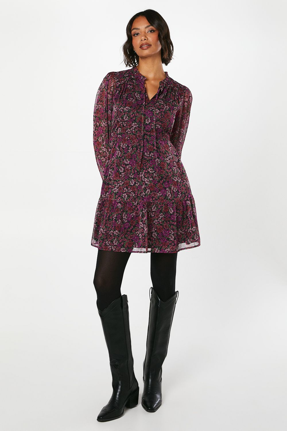 Dorothy Perkins Pink Floral Chiffon Ruffle Hem Long Sleeve Mini Dress Floral image 4