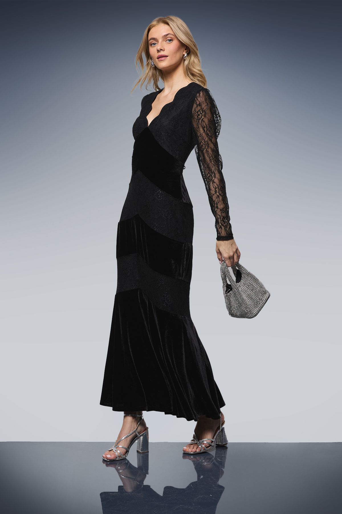 Oasis Velvet Lace Mix V Neck Maxi Dress Black image 1