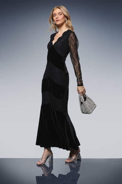 Oasis Velvet Lace Mix V Neck Maxi Dress Black