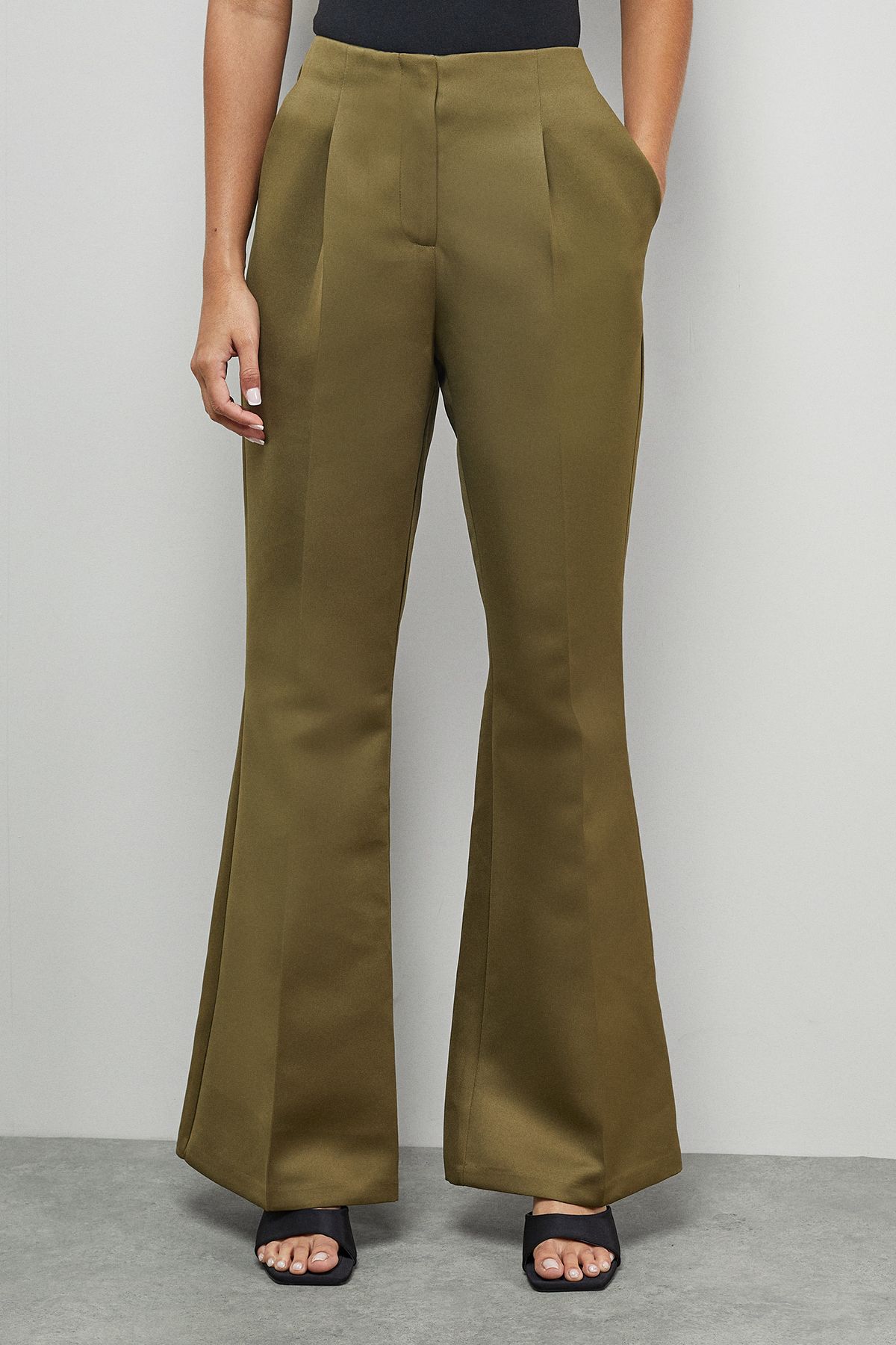 Warehouse Premium Satin Clean Waistband Flare Trousers Co-ord Olive image 2