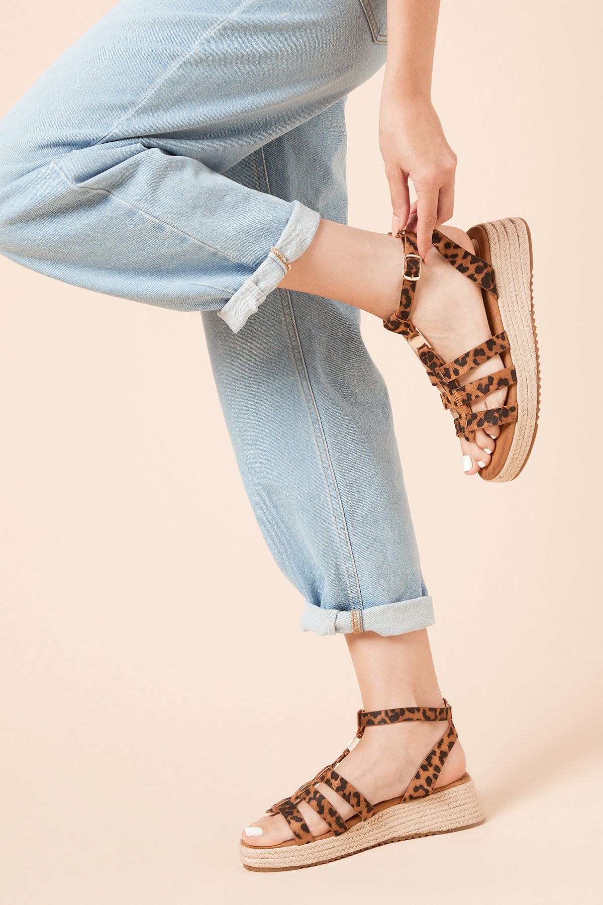 Dorothy Perkins Rover Faux Leopard Print Suede T-bar Espadrille Medium Wedge Sandals Leopard image 1