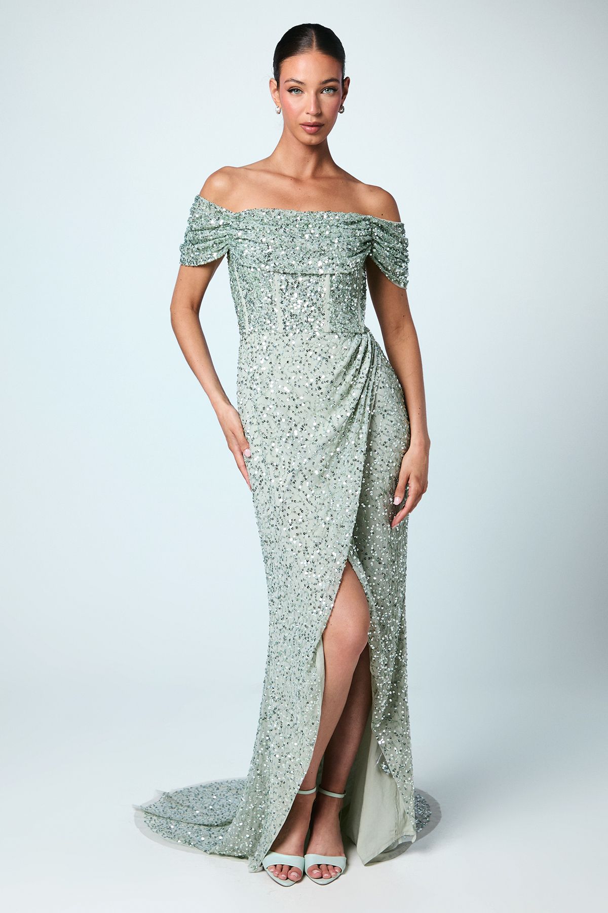 Coast Sequin Bardot Maxi Bridesmaid Dress Sage image 1