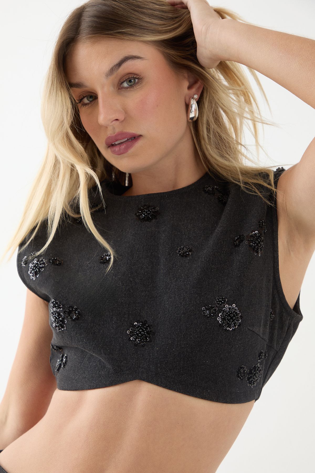 MissPap Denim Embellished Crop Top Black image 4