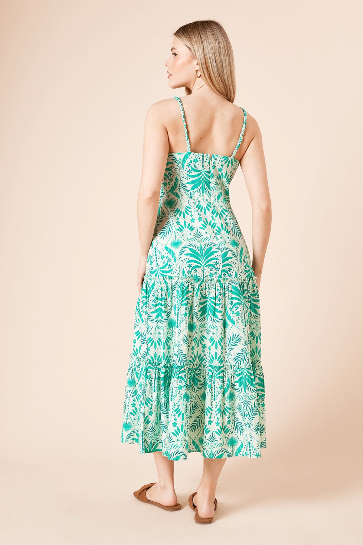 Dorothy Perkins Green Palm Twist Detail Strappy Tiered Midi Dress Green image 3