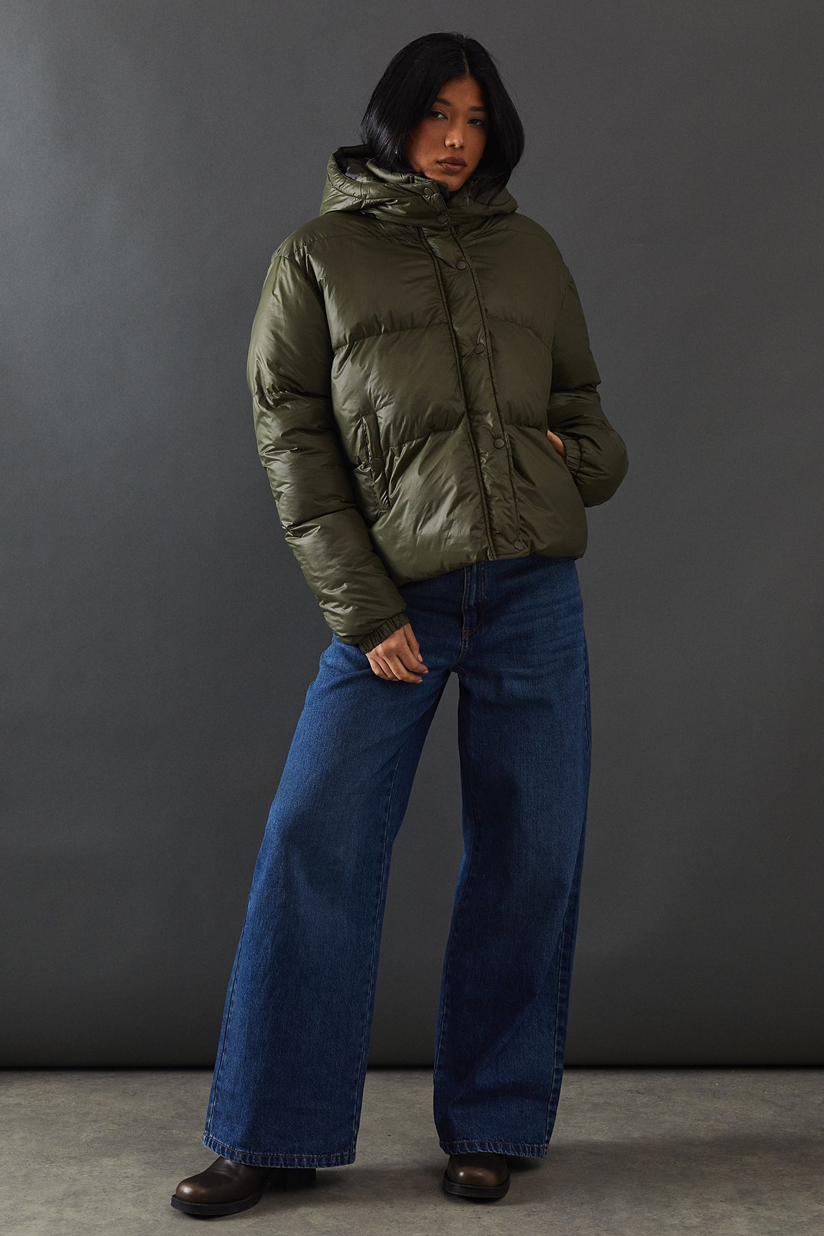 Warehouse Shiny Padded Puffer Coat Khaki image 4