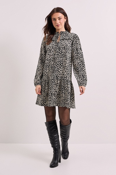 Dorothy Perkins Mono Floral Tie Neck Tiered Smock Jersey Mini Dress Mono