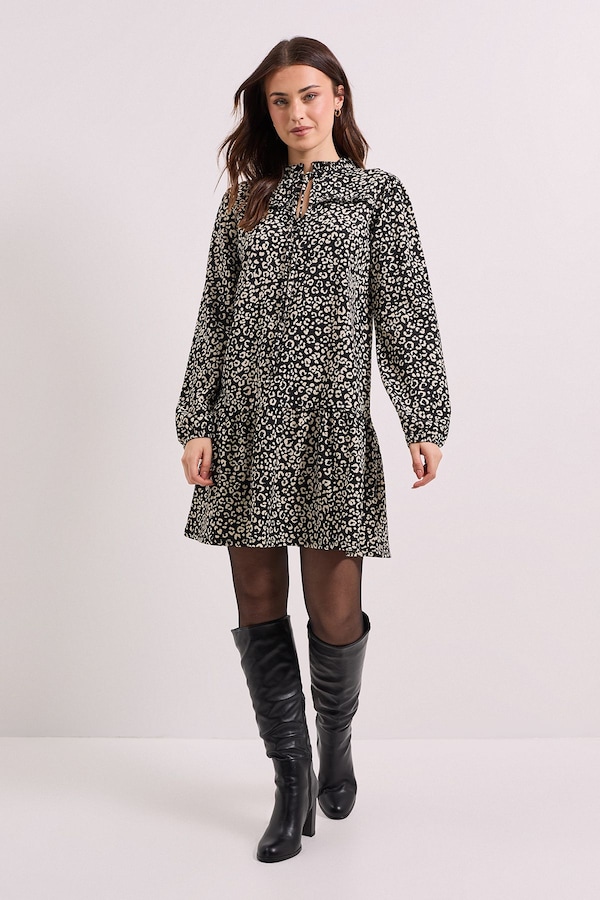 Dorothy Perkins Mono Floral Tie Neck Tiered Smock Jersey Mini Dress Mono