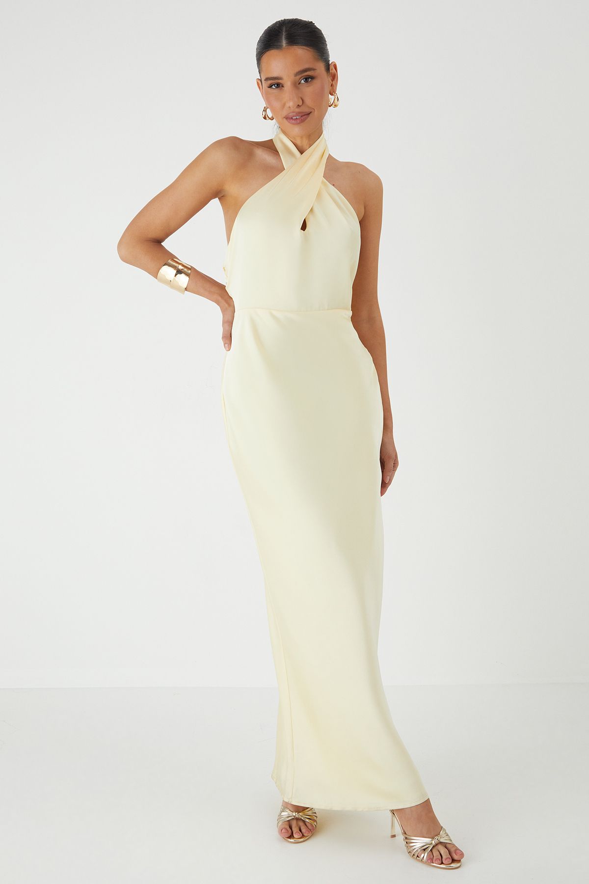 MissPap Premium Satin Halterneck Cowl Back Bridesmaid Dress Lemon image 1