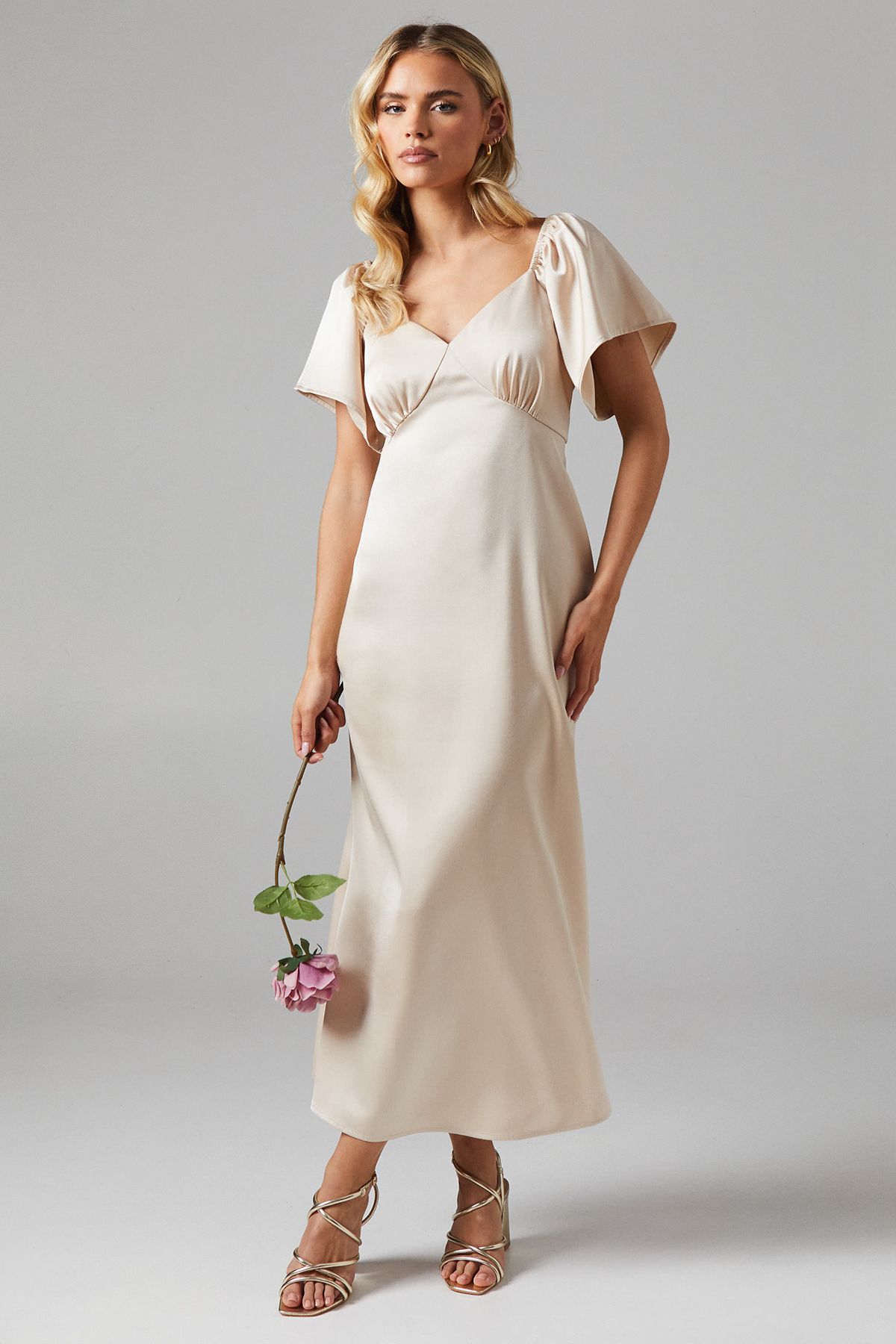 Oasis Petite Angel Sleeve Satin Bridesmaid Midi Dress Champagne image 1