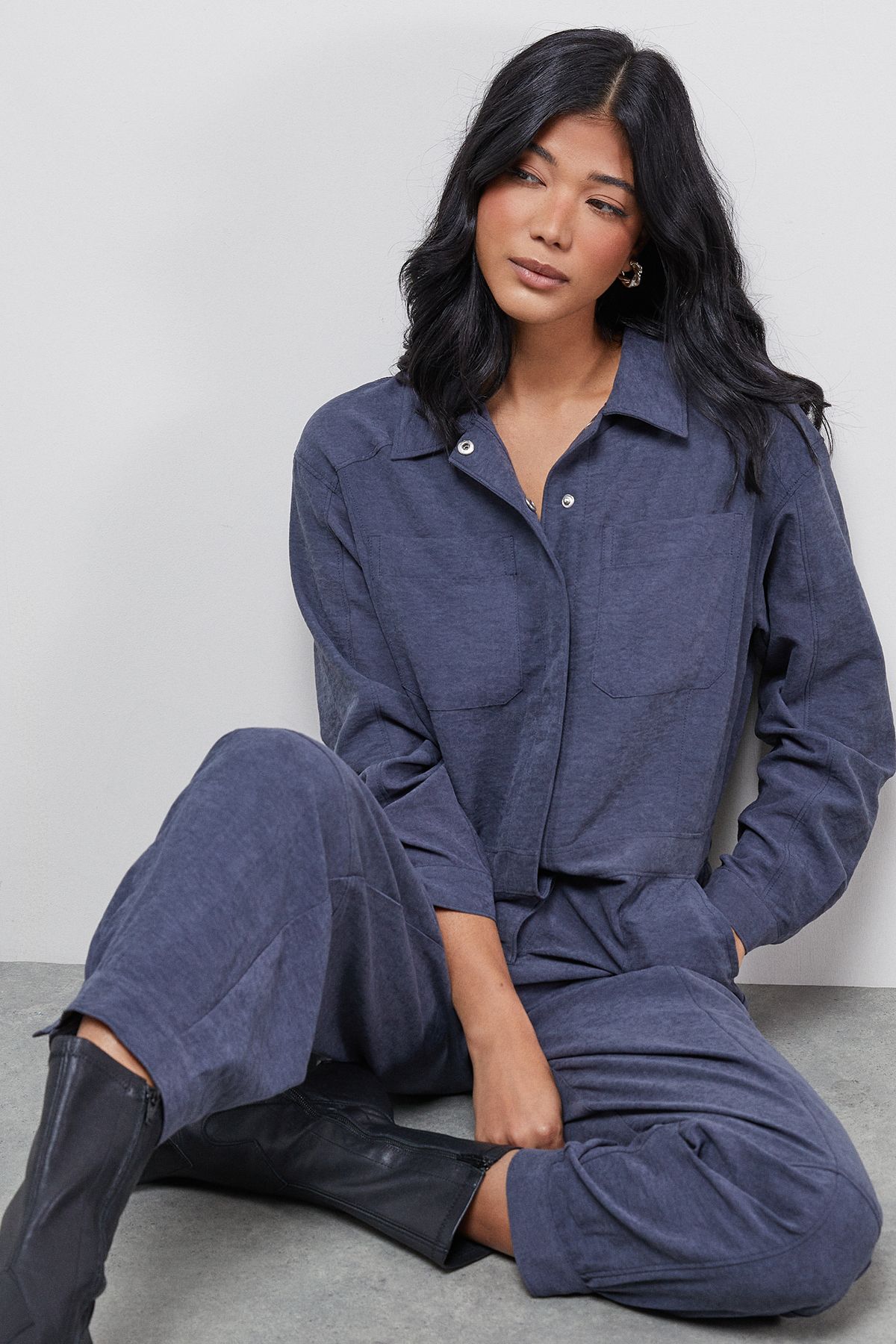 Warehouse Petite Peach Satin Utility Boilersuit Jumpsuit Slate image 4