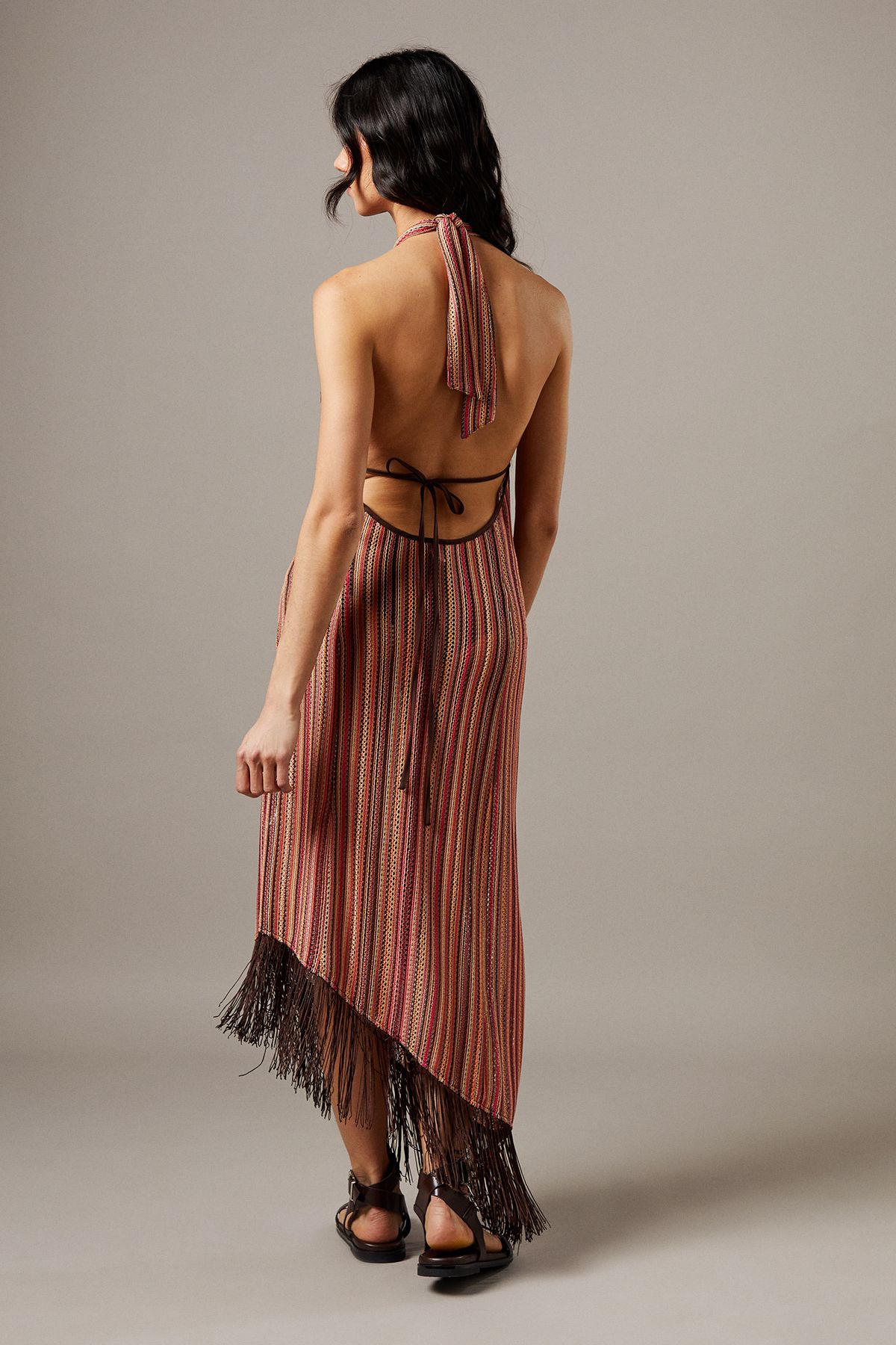 Warehouse Knit Halter Fringe Hem Midi Dress Pink image 3