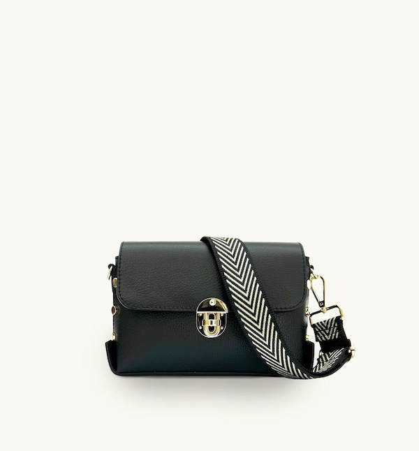 Apatchy London The Bloxsome Black Leather Crossbody Bag With Black & Gold Chevron Strap