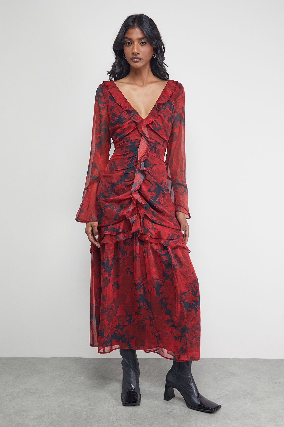 Warehouse Chiffon Ruffle Gathered Bodice Midi Dress Red image 1