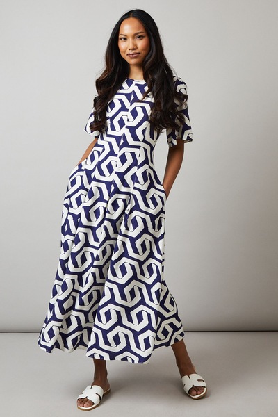 Principles Navy Geo Print Seam Detail Midi Dress Navy