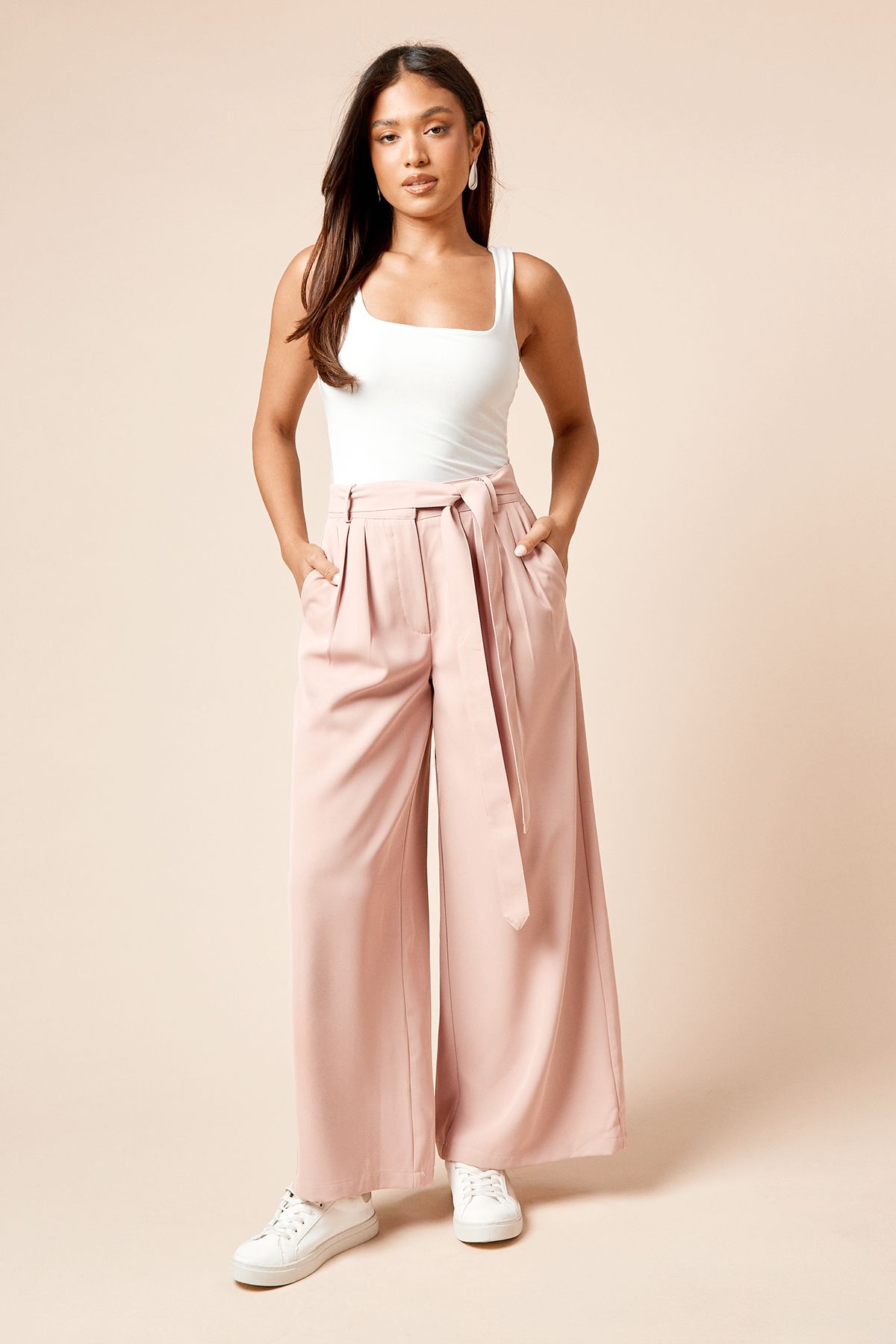 Dorothy Perkins Petite Pleated Belted Wide Leg Trouser Blush image 2