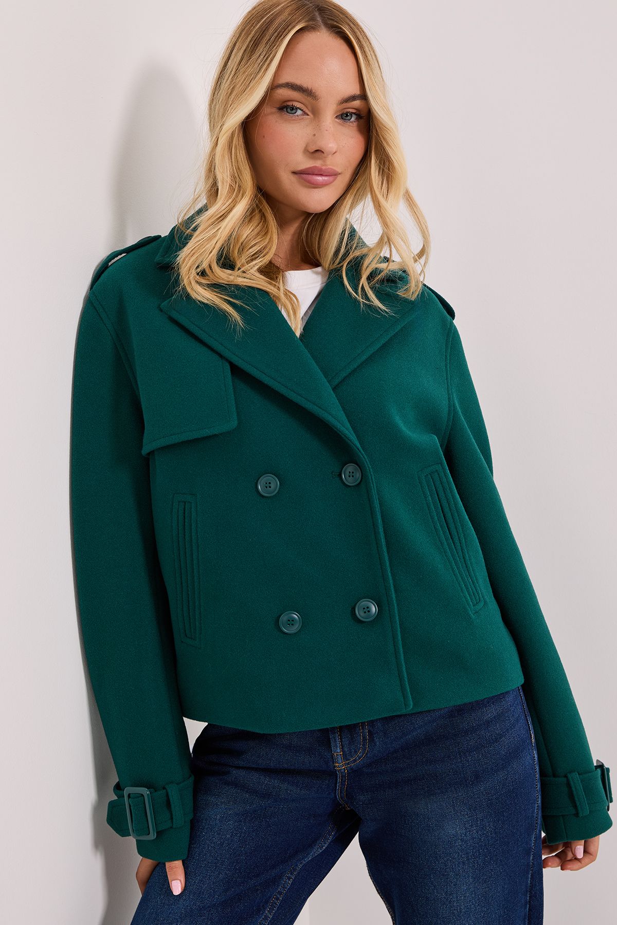 Dorothy Perkins Short Faux Wool Trench Coat Forest