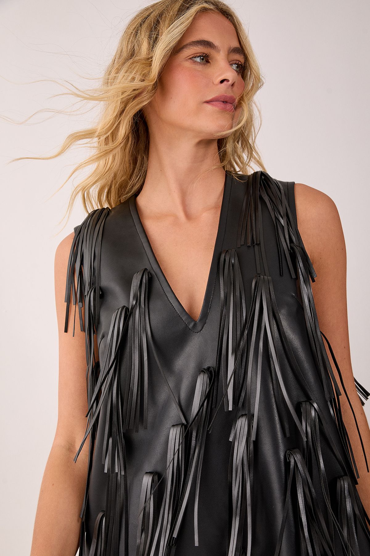 NastyGal Faux Leather Tassel Plunge Mini Dress Black image 2